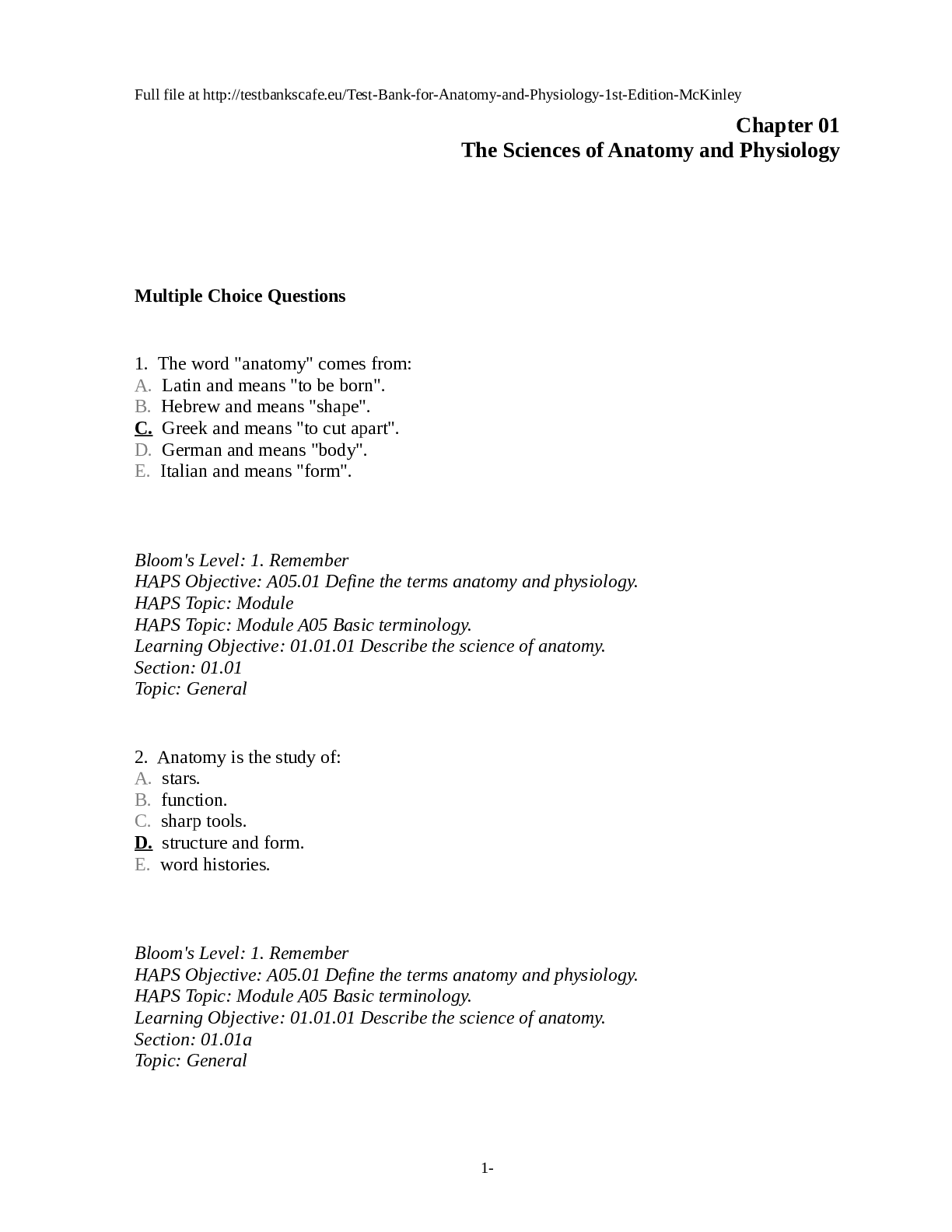 Preview image for Test Bank for Anatomy and Physiology 1st Edition McKinley 2023